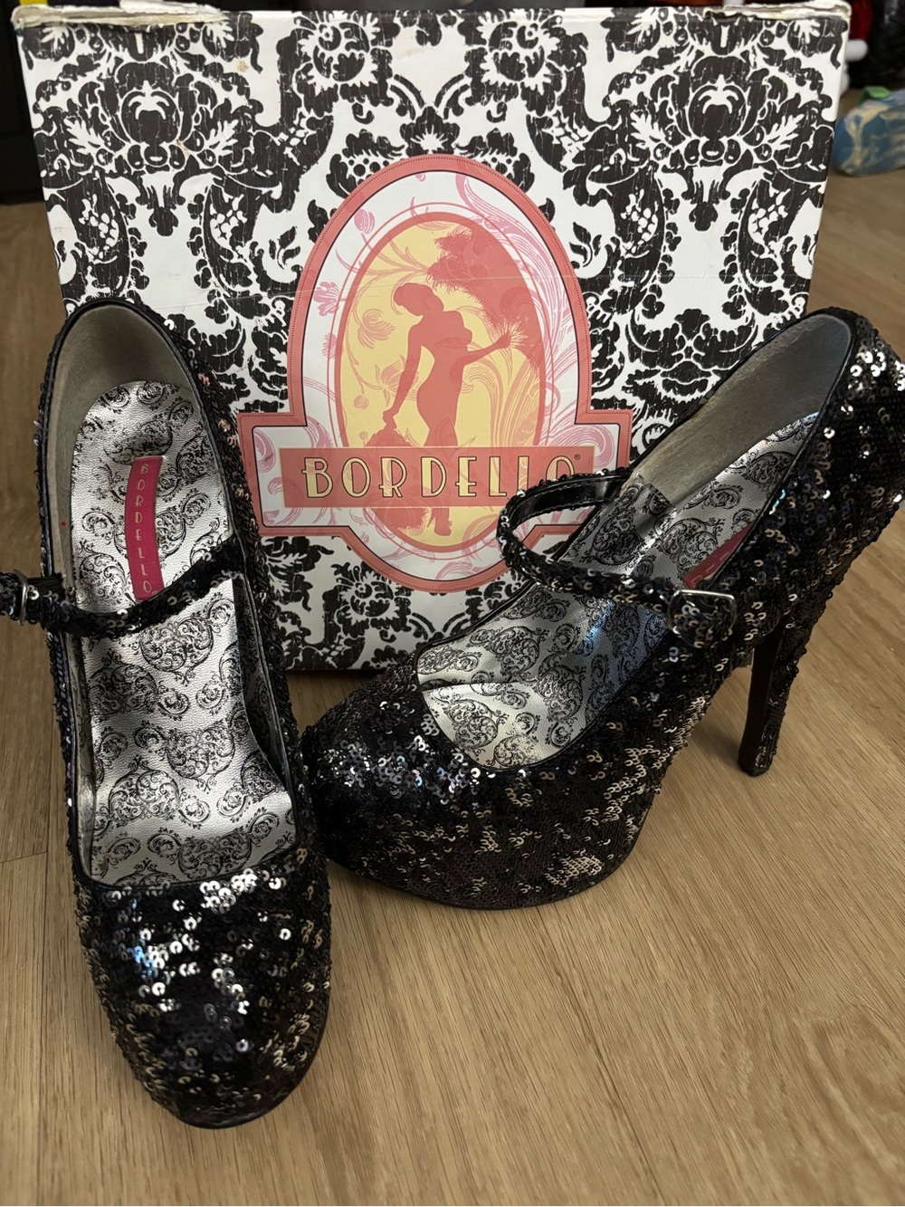 Bordello Black Sequin Mary Jane Platform Stiletto Heels Size 9